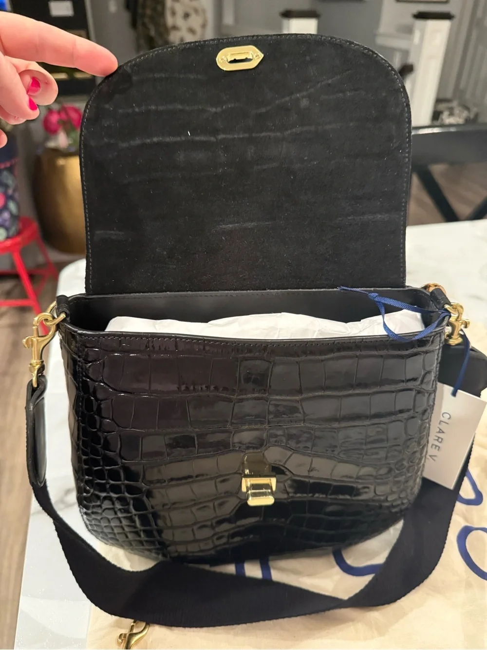 Turnlock Louis w/ Top Handle - Black Croco Clare V.